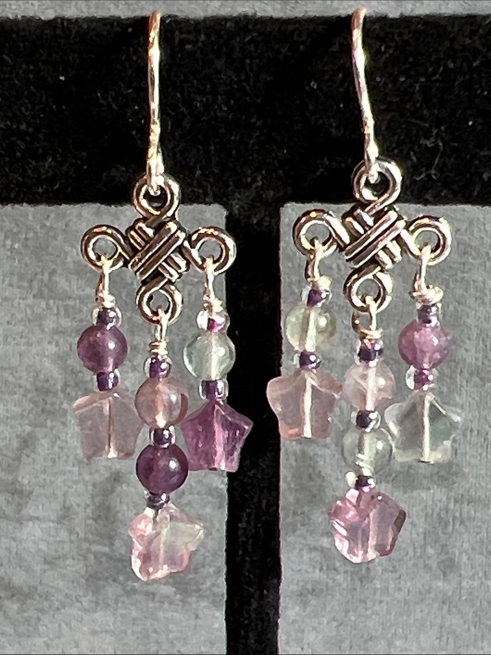 Artisan Sterling Silver chandelier dangle earrings in rainbow fluorite gemstones